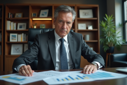 Homme d'affaires en costume analysant des graphiques dans un bureau