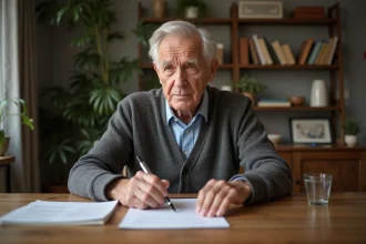 Homme âgé lisant des papiers dans un salon chaleureux