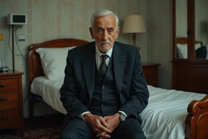 Homme age persan en costume sombre dans une chambre d'hôpital