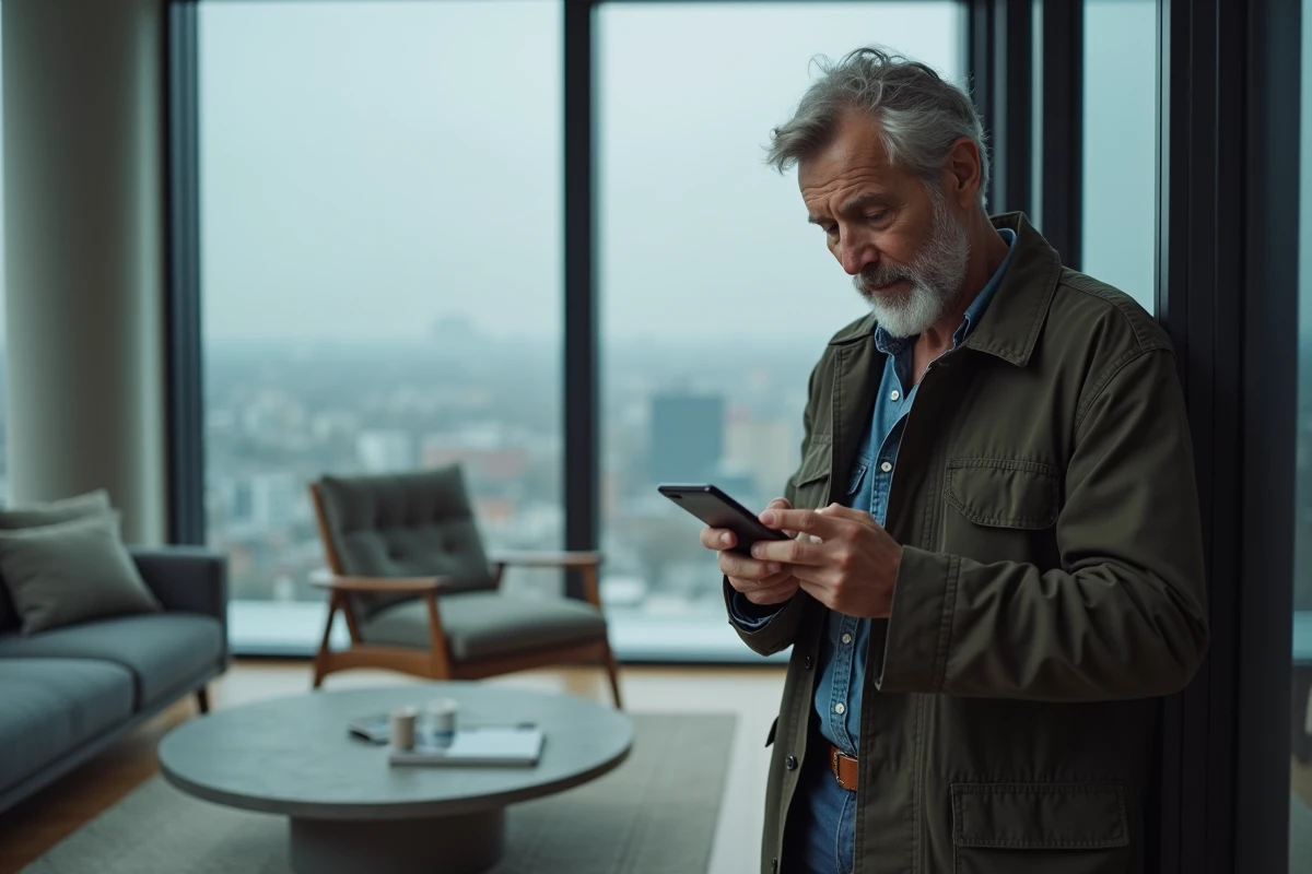 Homme consultant un agrégateur d'informations sur smartphone près d'une fenêtre urbaine, regard sceptique