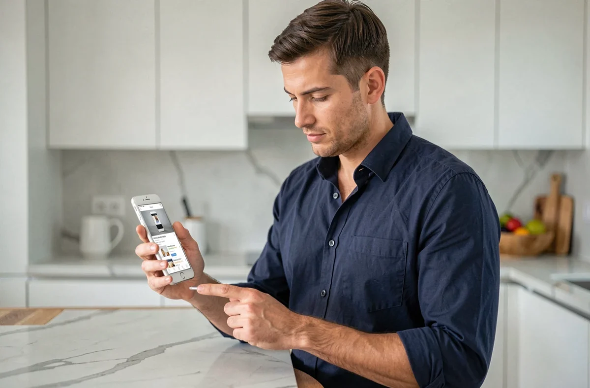 Homme consultant des offres promotionnelles sur l'application mobile de shopping SaraMart dans sa cuisine