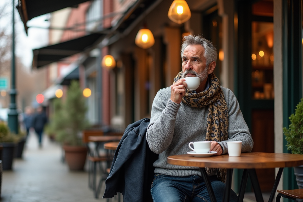 Homme détendu buvant un café en terrasse urbaine