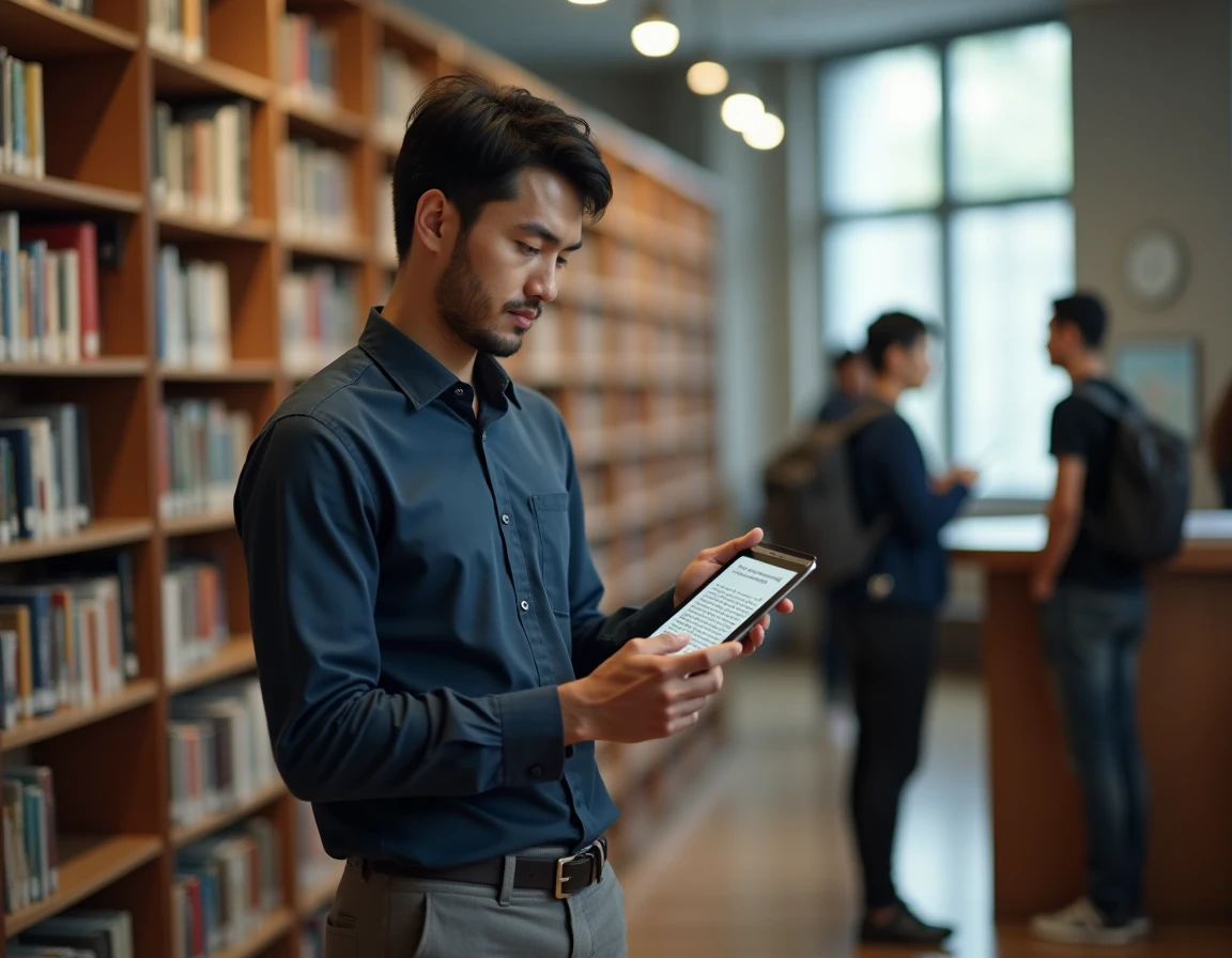 Homme adulte consultant une plateforme de manga sur tablette numérique dans une bibliothèque publique