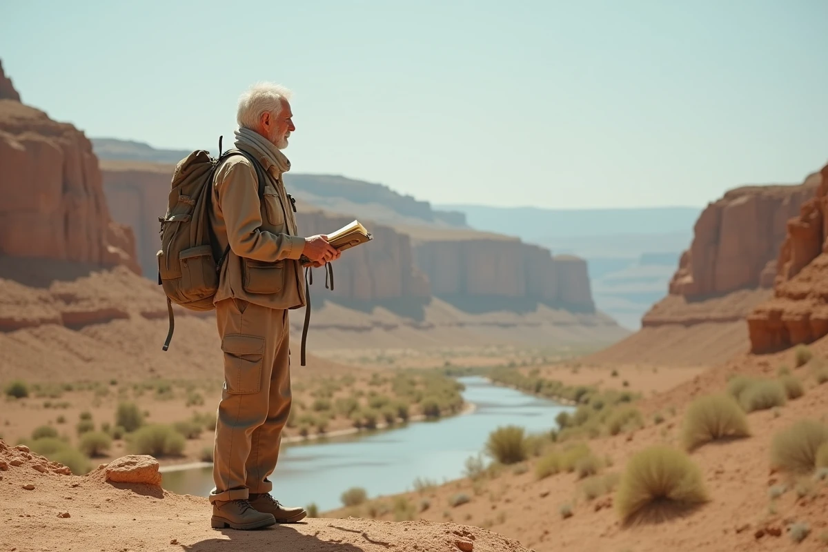 Homme plus âgé observant un lit de rivière asséché dans le désert