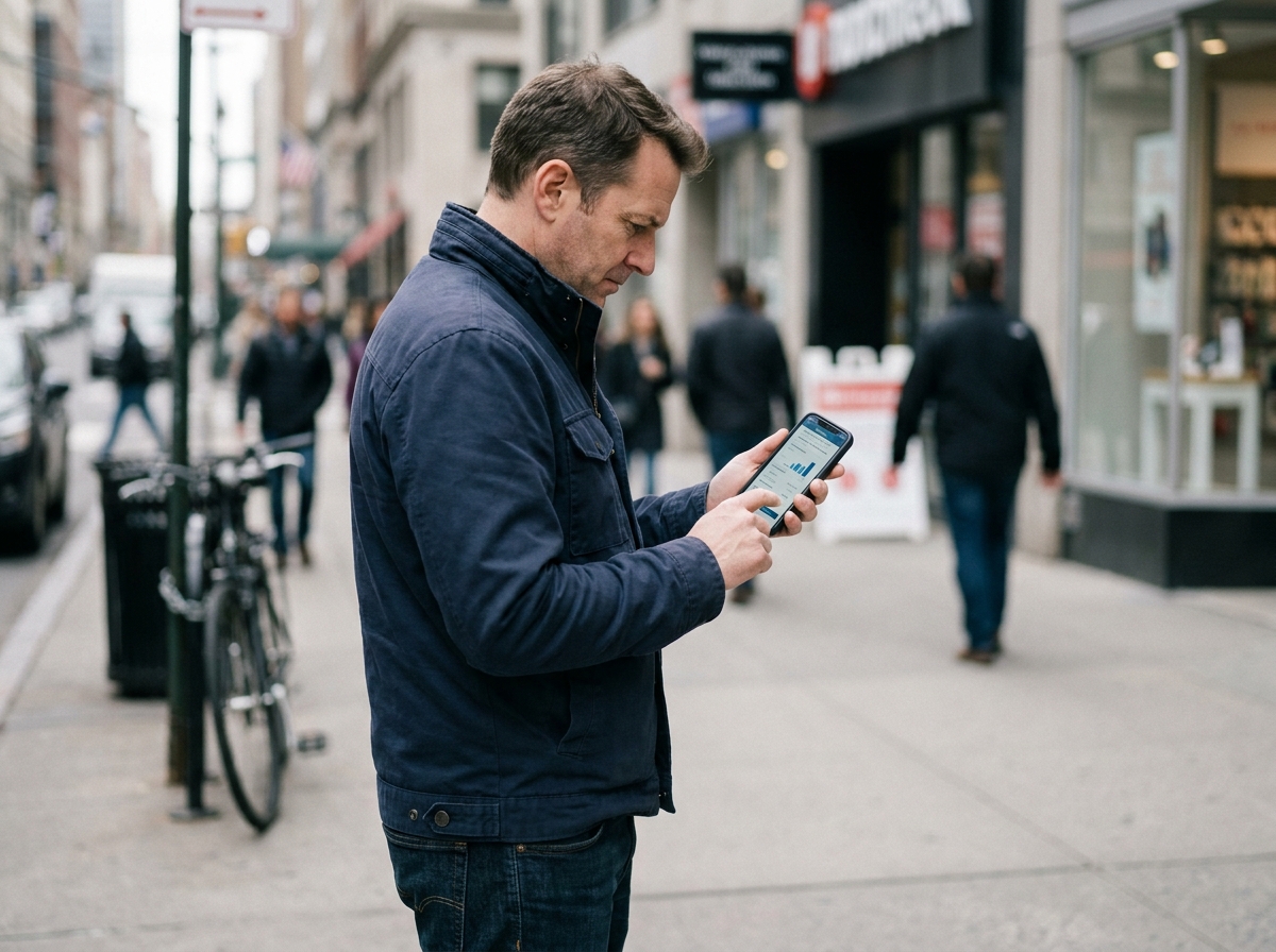 Homme consultant une application de comparaison de forfaits mobiles en ville