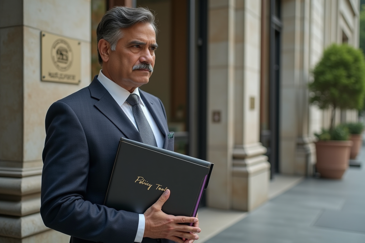 Homme indien devant la Reserve Bank of India en tenue formelle
