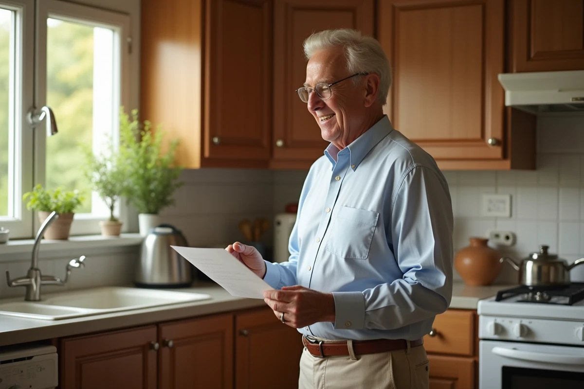 Homme âgé lisant une lettre dans une cuisine lumineuse