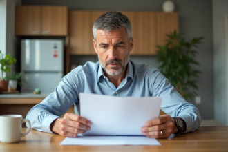 Homme d'âge moyen examinant des documents de prêt immobilier