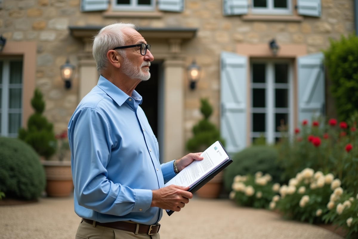 Homme âgé devant une maison de campagne avec dossier de documents