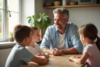 Homme mature souriant avec enfants dans la cuisine lumineuse
