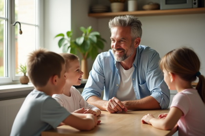 Homme mature souriant avec enfants dans la cuisine lumineuse