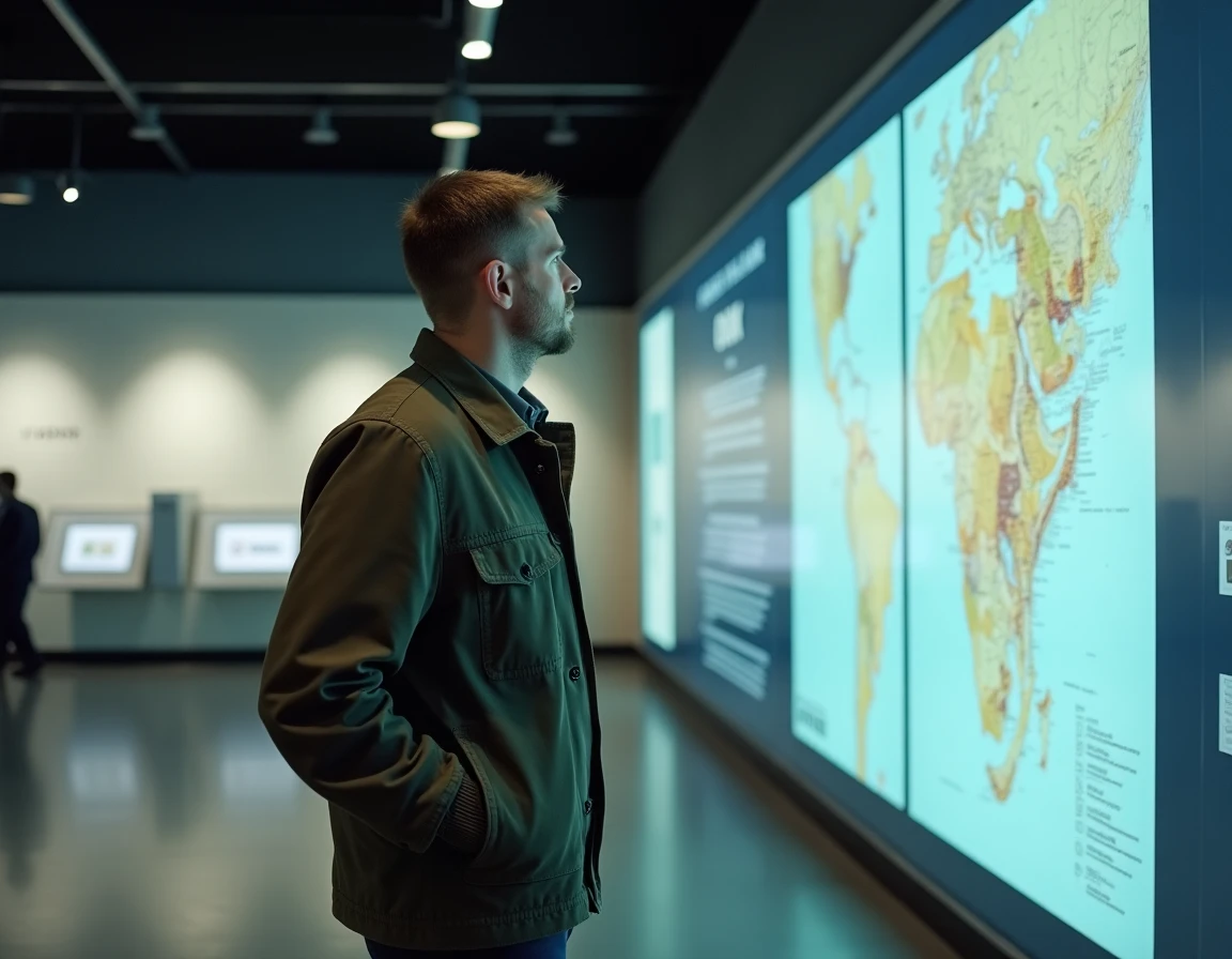 Homme contemplant une carte de capitale dans un musée de géographie avec des panneaux informatifs en arrière-plan