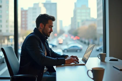 Homme en veste navy et jeans sur un bureau moderne