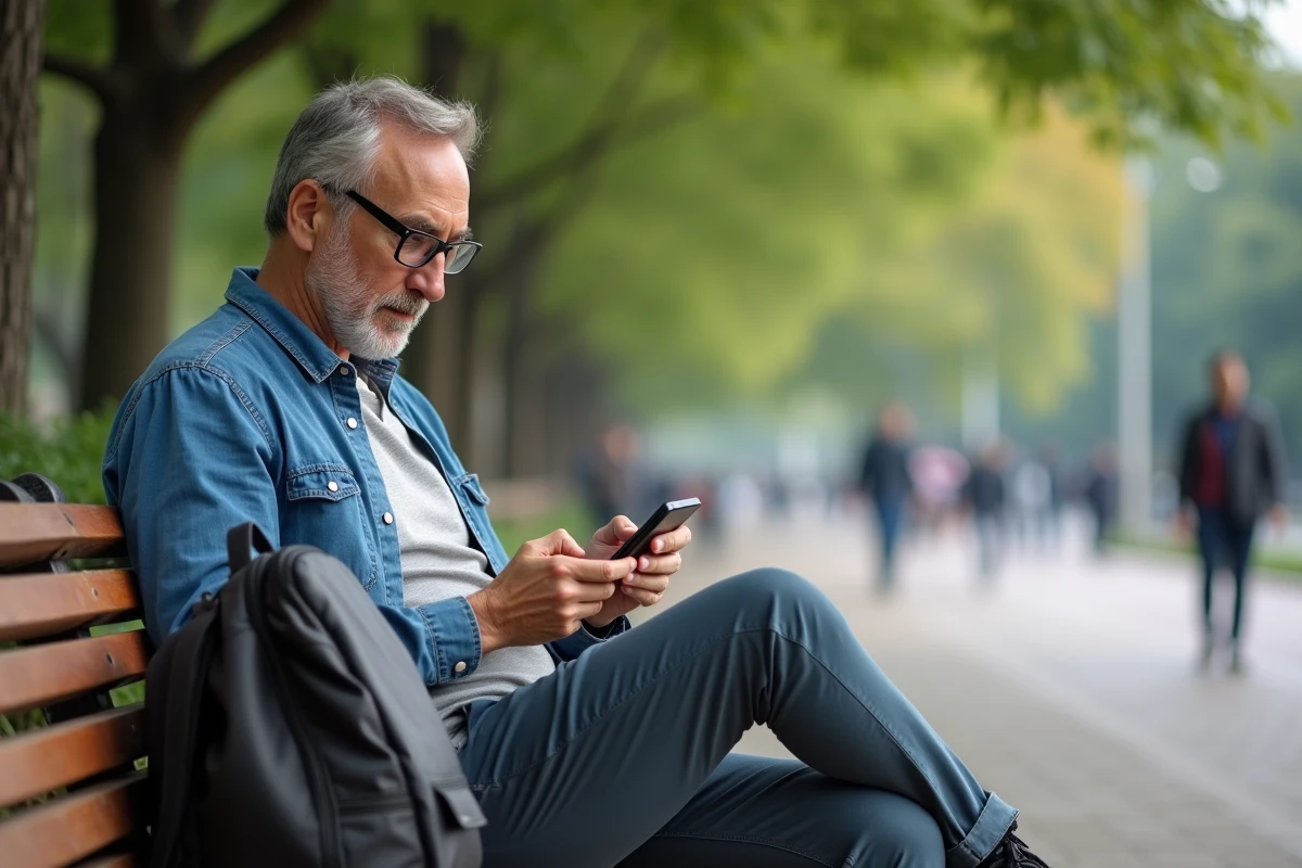 Homme détendu vérifiant son smartphone sur un banc de parc urbain