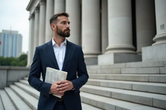 Homme d'âge moyen en costume navy devant un bâtiment officiel