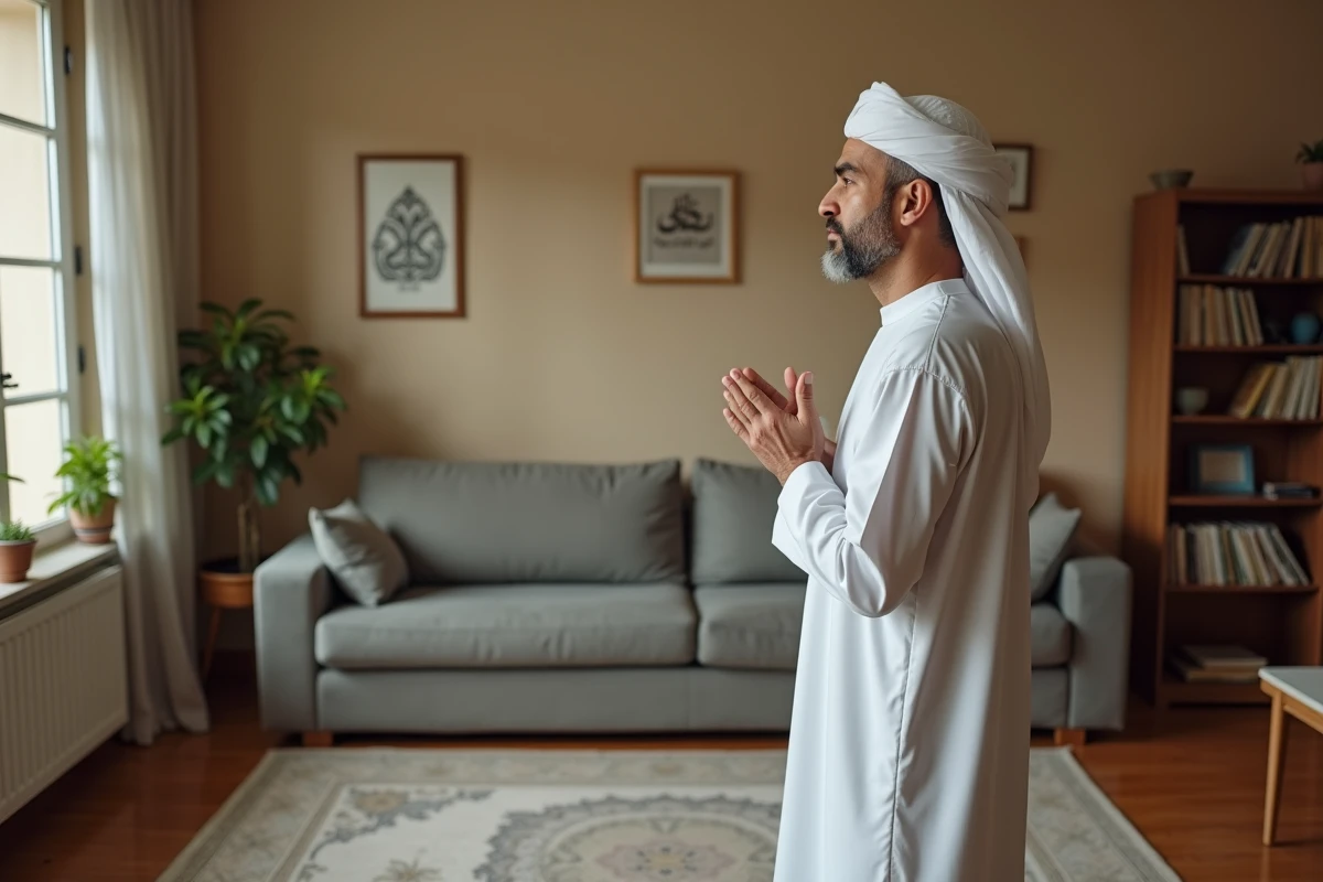 Homme en tenue traditionnelle effectuant la prière sur un tapis dans un appartement de Mons-en-Barœul orienté vers la qibla