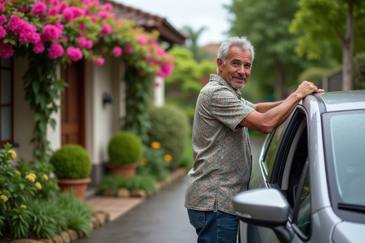 Homme réunionnais ventile sa voiture devant sa maison tropicale
