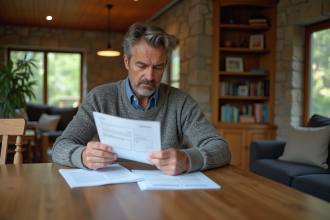 Homme d'âge moyen examine documents d'impôts dans maison chaleureuse
