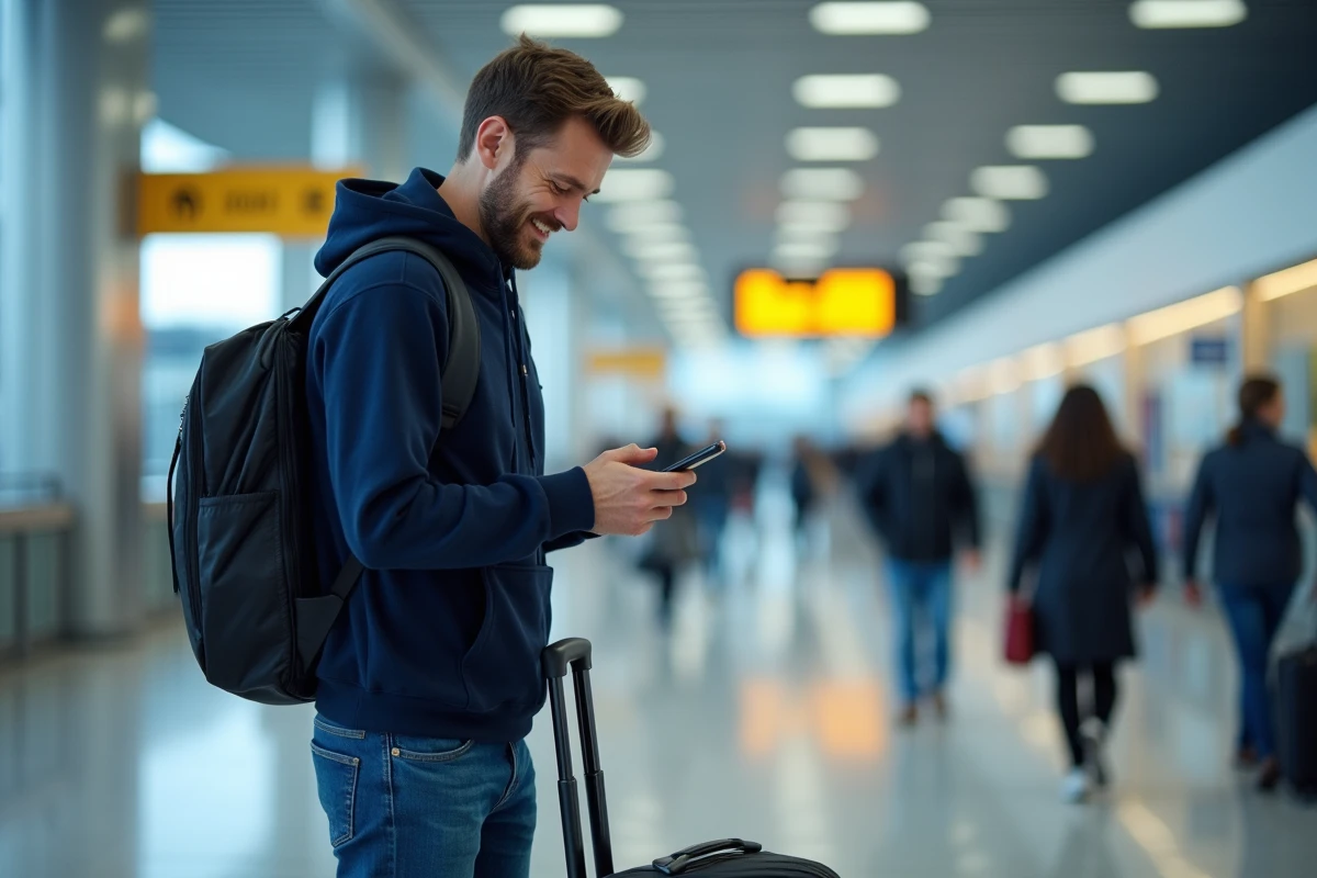 Homme consultant des offres de vols économiques sur son smartphone dans un hall d'aéroport