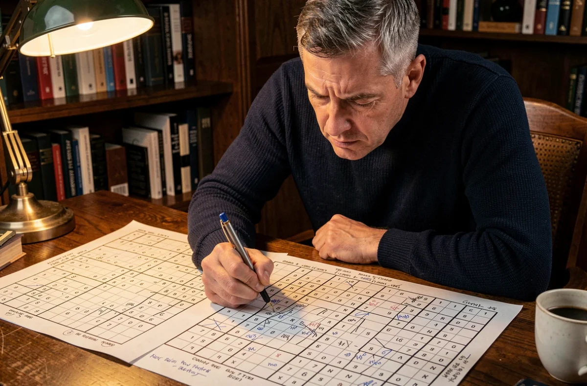 Homme concentré résolvant un sudoku de niveau expert sur un bureau en bois avec annotations au crayon