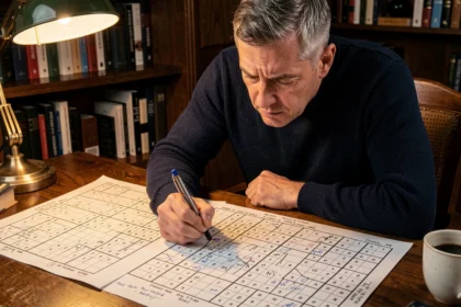 Homme concentré résolvant un sudoku de niveau expert sur un bureau en bois avec annotations au crayon