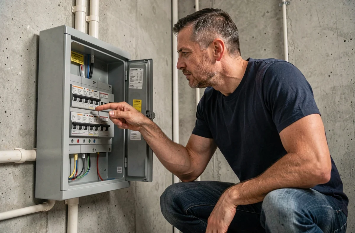 Homme inspectant un tableau électrique avec disjoncteurs pour vérifier les ampères du compteur