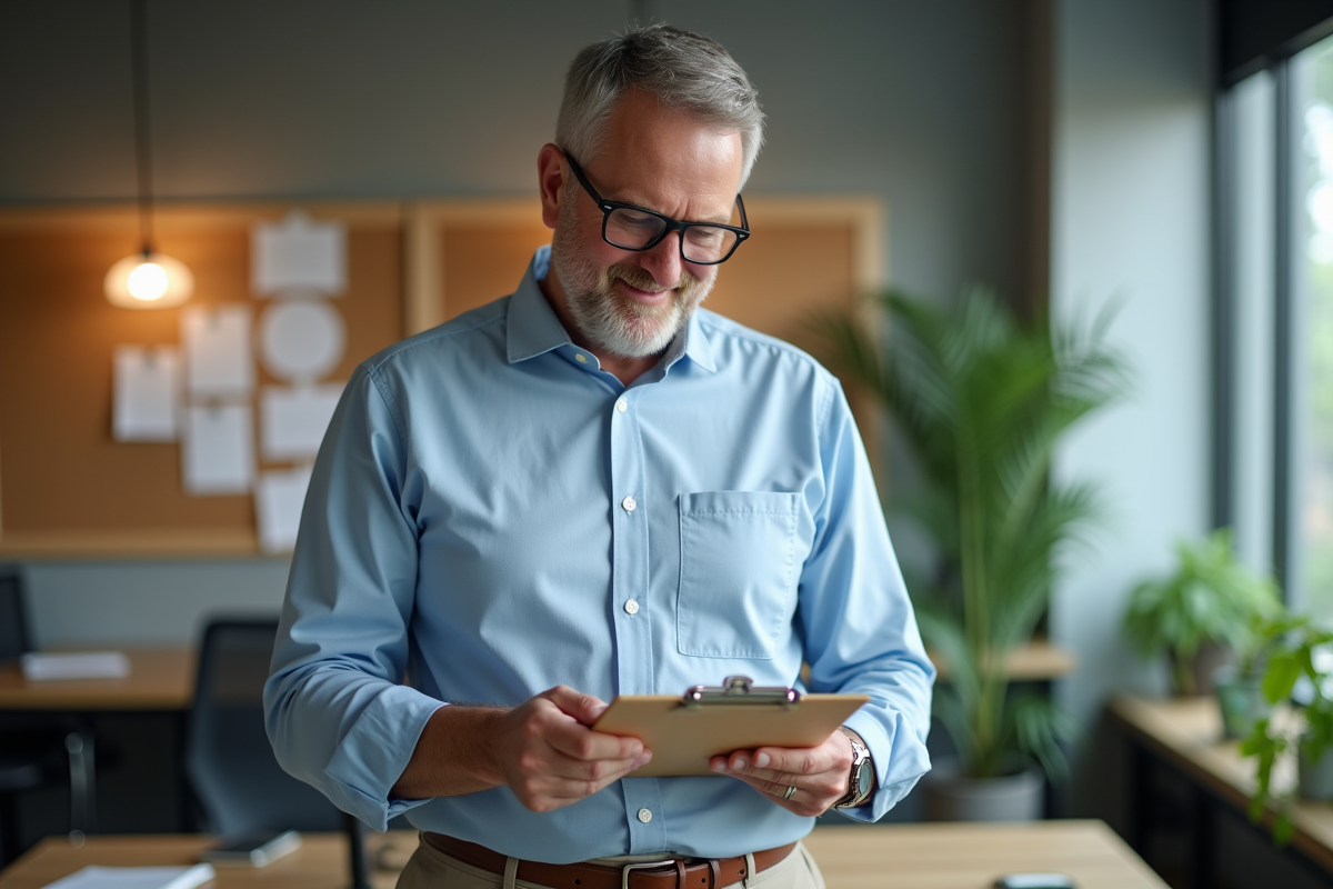 Homme vérifiant un emploi du temps dans un espace de pause moderne