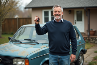 Homme d'âge moyen avec clés de voiture devant une voiture ancienne
