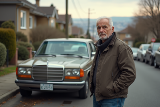 Homme d'âge moyen près de sa voiture ancienne en banlieue