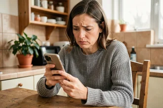 Femme consultant son smartphone pour identifier un numéro de téléphone inconnu à la maison