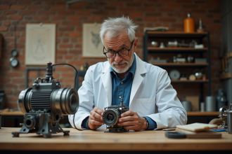 Ingénieur homme moyen âge examine prototype d'hydrogène