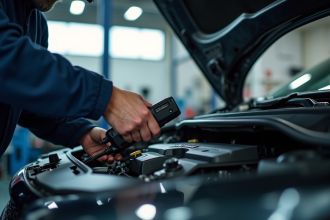 Mécanicien inspectant le moteur d'une Peugeot moderne