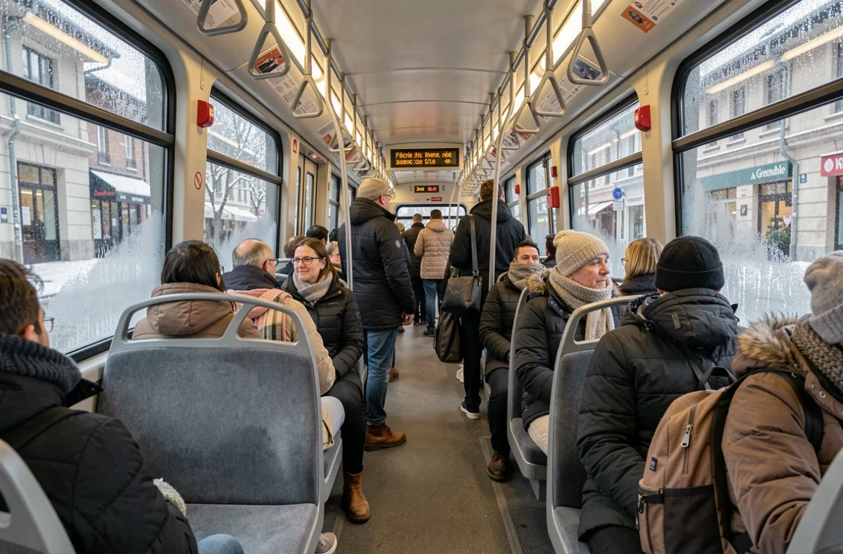 Intérieur d'un tramway Grenoble en hiver avec passagers en vêtements chauds et fenêtres givrées