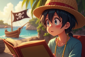 Jeune adulte lisant un manga coloré avec un chapeau de paille et un drapeau pirate