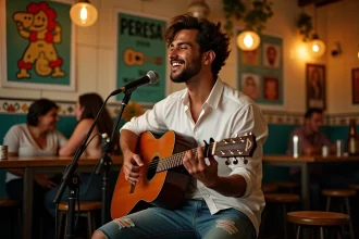 Jeune chanteur brésilien en scène dans un bar de Rio