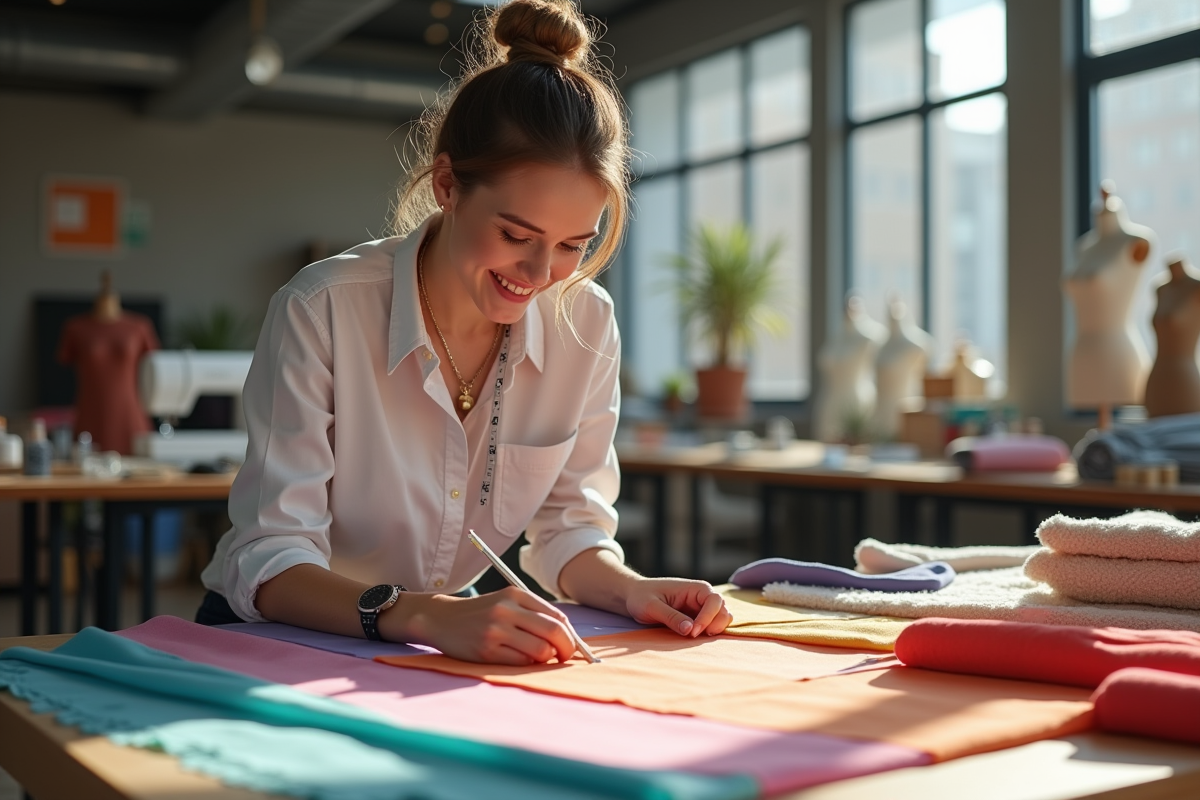 Jeune créatrice de mode examinant des tissus colorés dans son studio