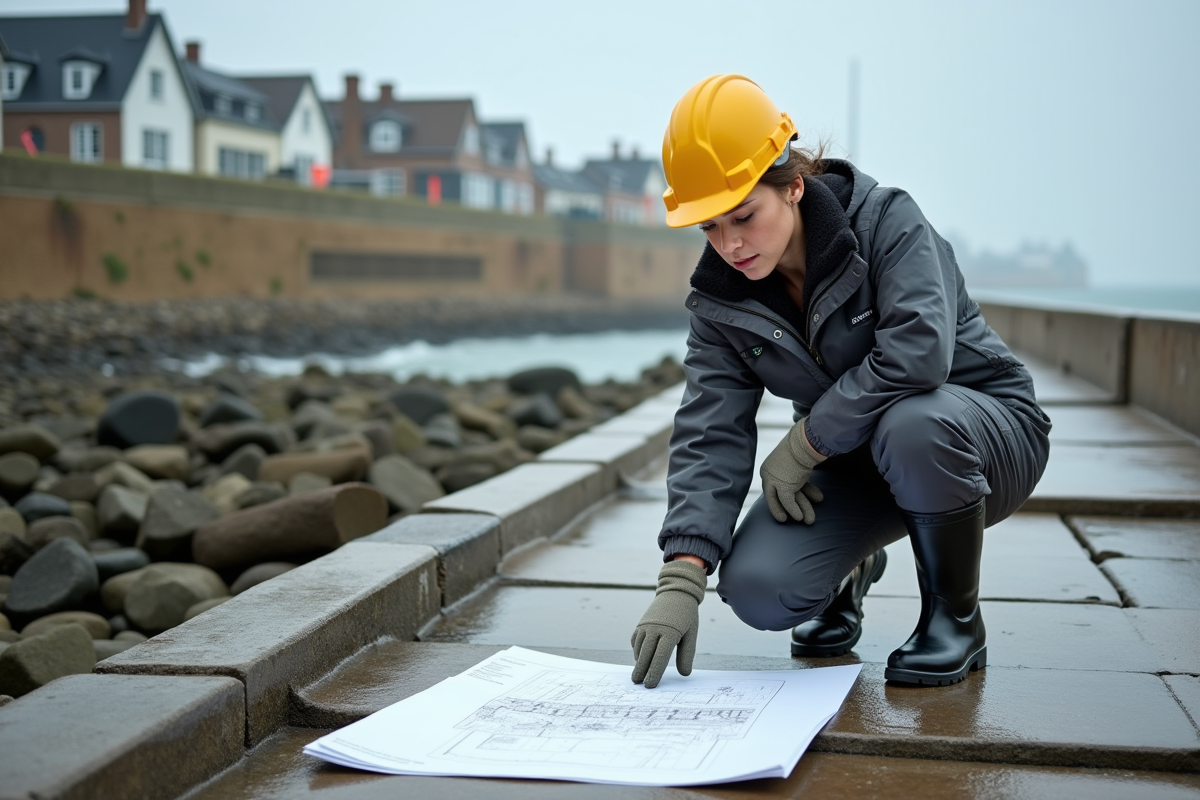 Jeune ingénieure en travaux côtiers examinant des plans