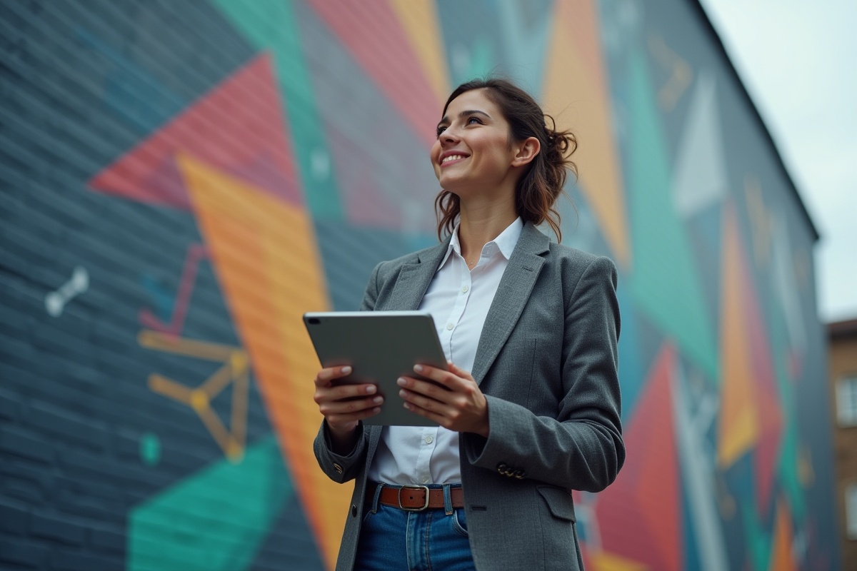 Jeune femme entrepreneure avec tablette devant mural innovant en extérieur