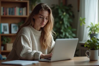 Jeune femme concentrée devant son ordinateur dans un appartement cosy