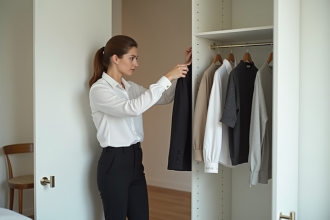 Jeune femme choisissant un vêtement dans un vestiaire organisé