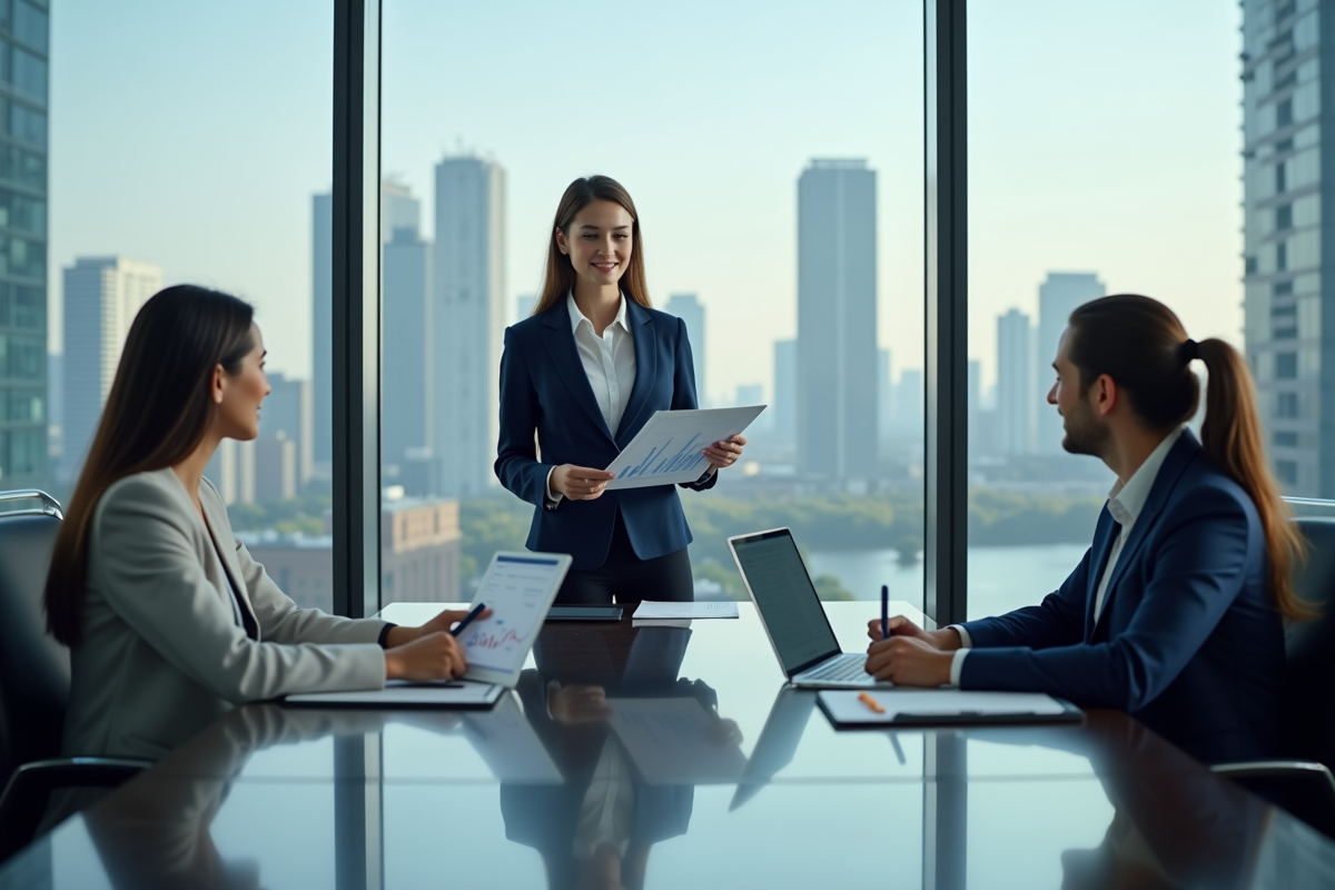 Jeune femme présentant un graphique à ses collègues en réunion