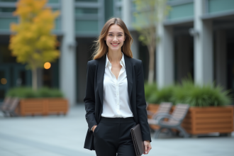Jeune femme confiante en ville avec sac laptop