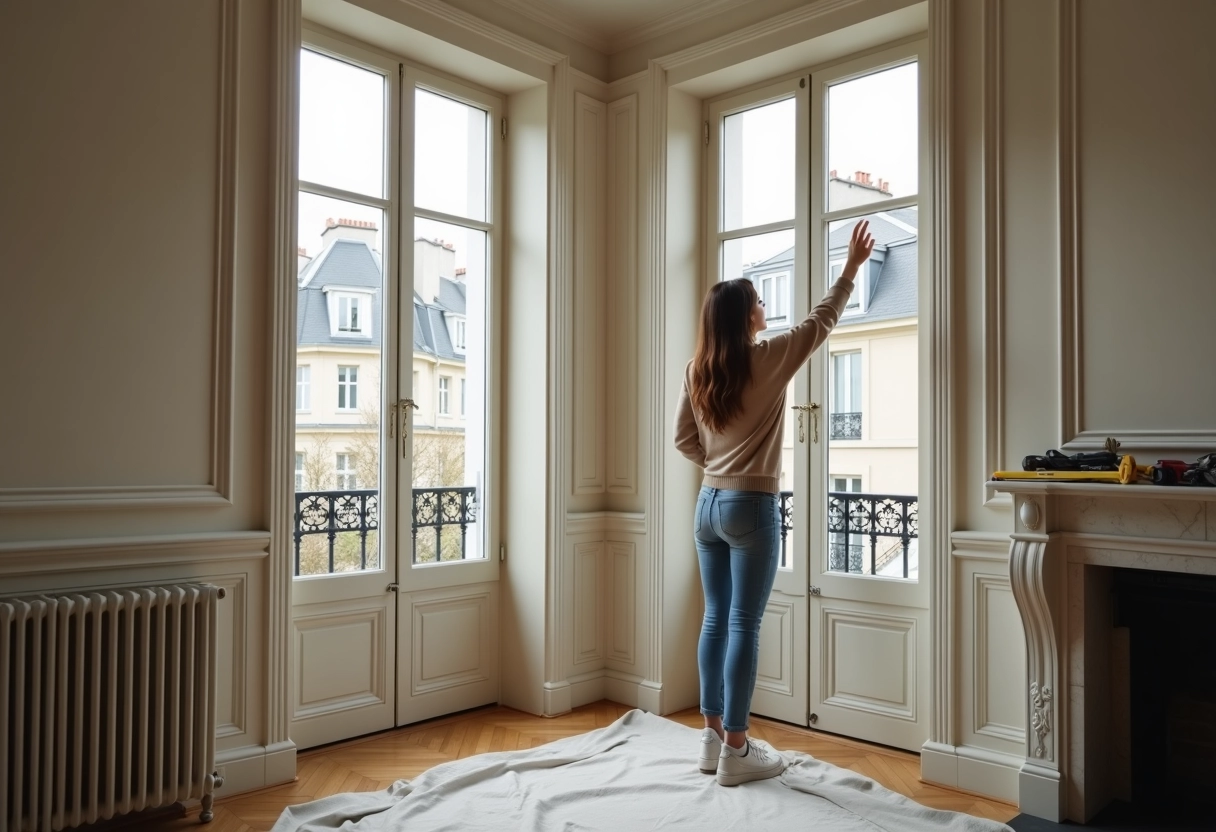 Jeune femme examinant une nouvelle fenetre parisienne dans un appartement