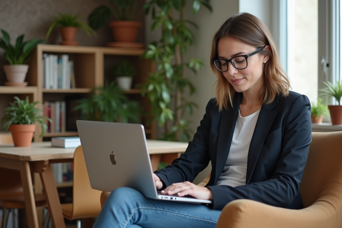 Jeune femme travaillant sur son ordinateur à la maison
