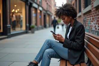 Jeune femme noire assise sur un banc urbain en blazer