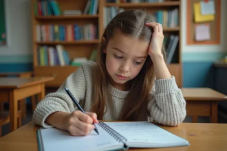 Jeune fille en sweater à la dictée en classe