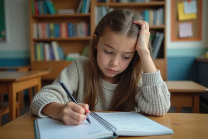 Jeune fille en sweater à la dictée en classe