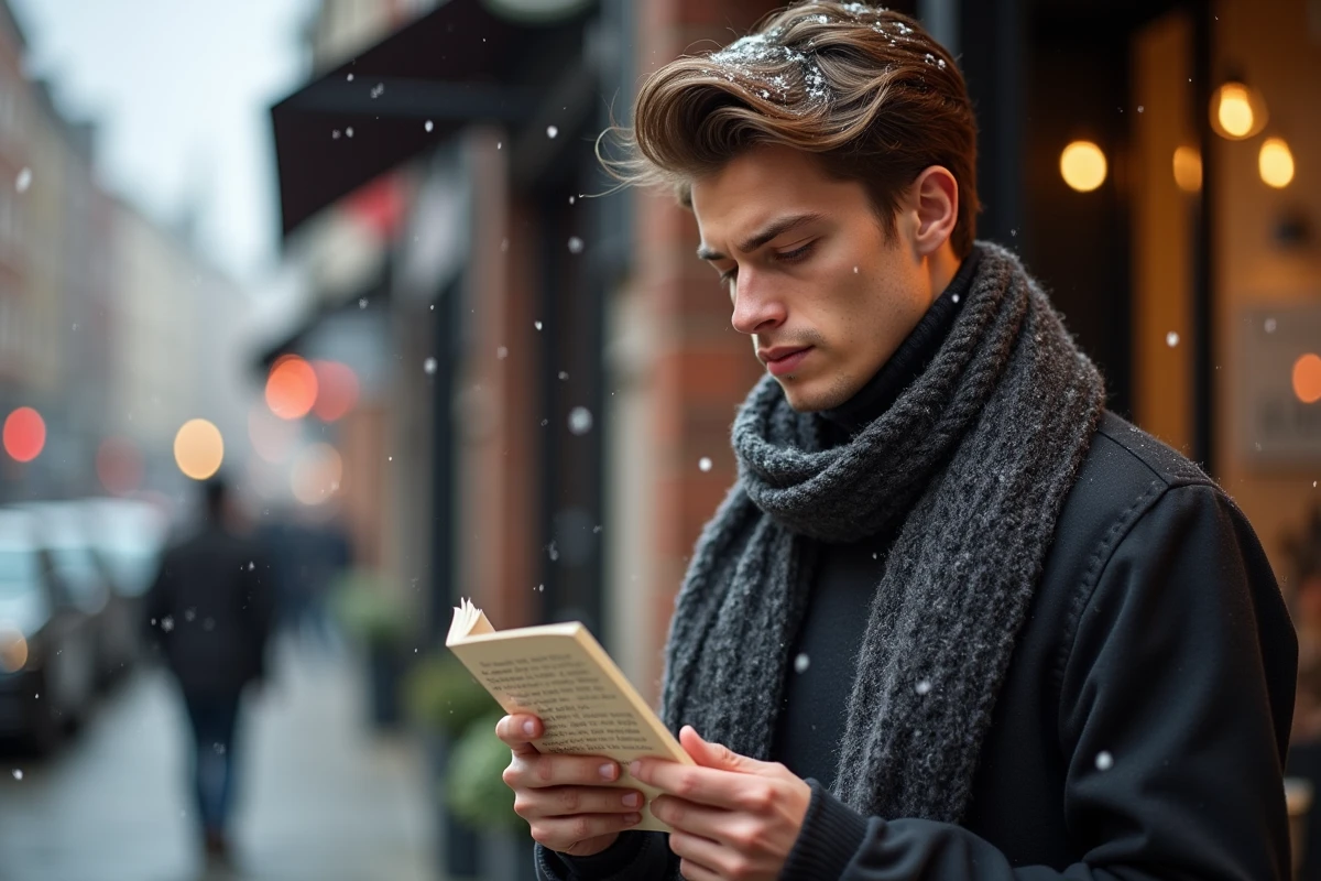 Jeune homme lisant une carte de voeux dans la ville