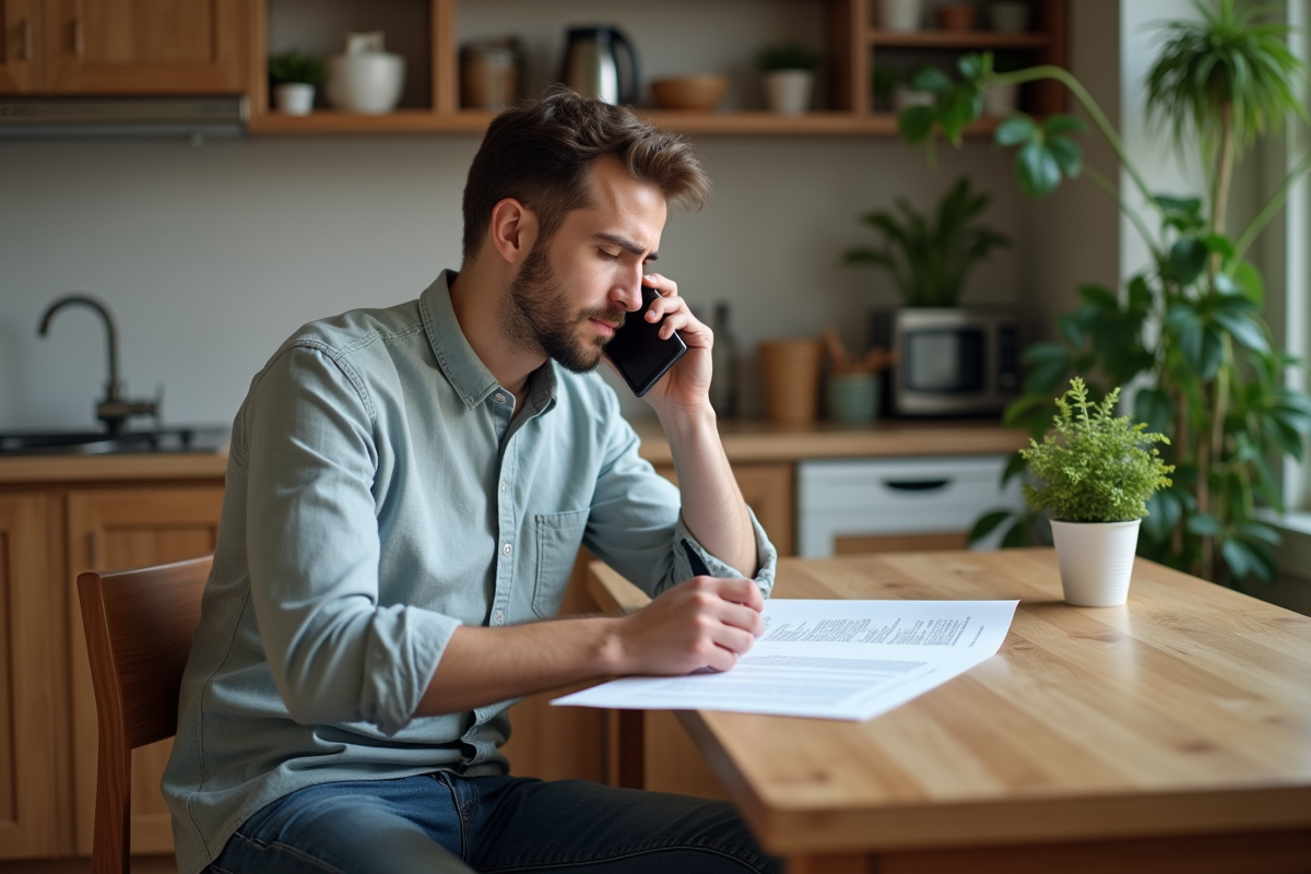 Jeune homme étudiant un contrat immobilier à la maison