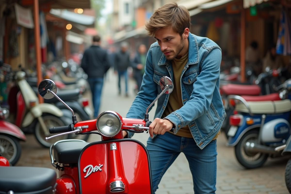 Jeune homme examine une moto Dax vintage dans un marché aux puces